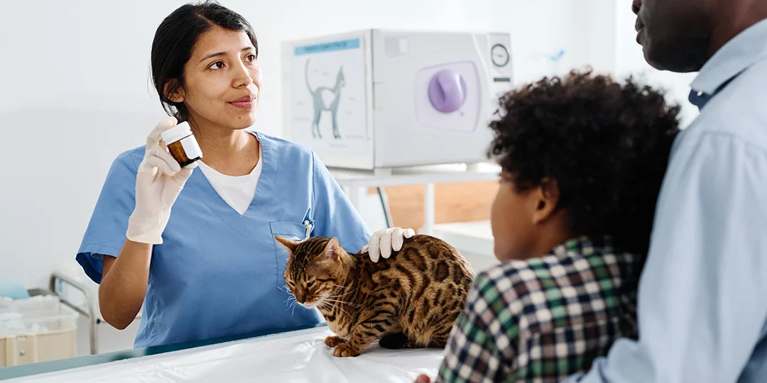 A veterinarian in blue scrubs holding a small prescription bottle while explaining treatment to a young boy and a man at a clinic. 