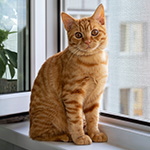 An orange tabby cat sitting upright on a windowsill, looking forward.
